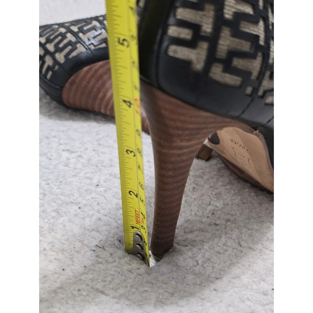 Tory Burch Black Leather Logo Laser Cut Peep Toe Platform Pumps Heels 6.5M